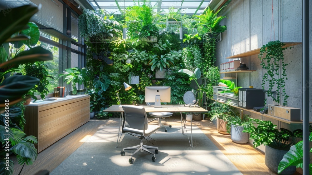 A personal workspace surrounded by interactive plant life that responds to stress levels, creating a calming environment A personal workspace surrounded by interactive plant life that responds to stress levels, creating a calming environment