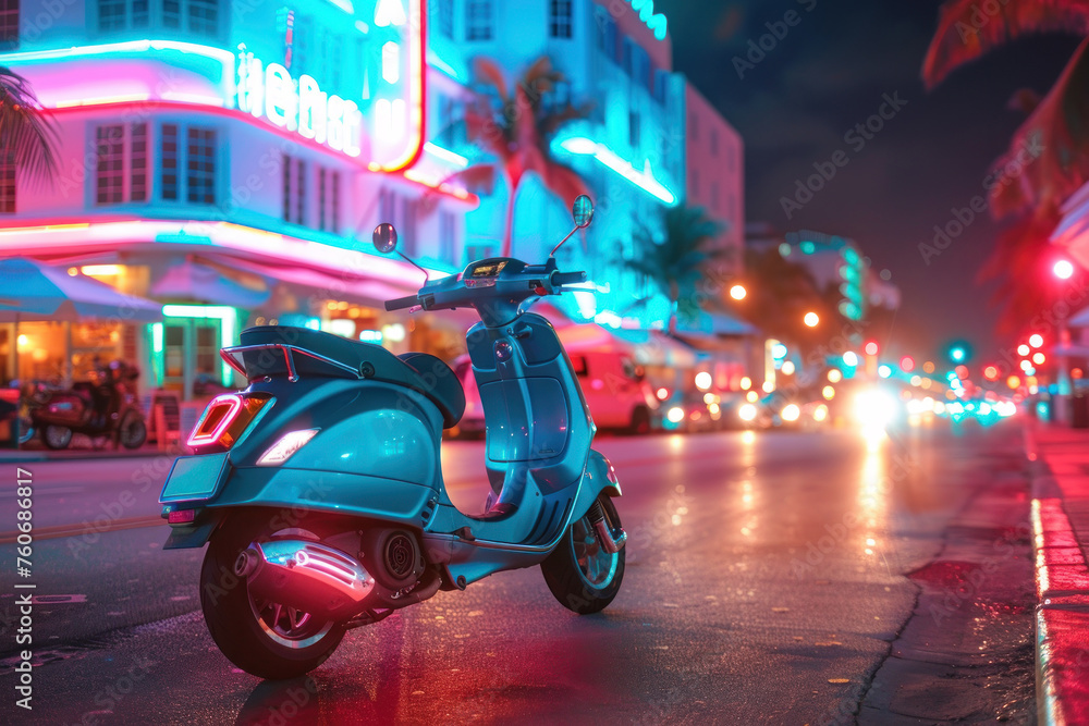 Scooter moped at ocean drive miami beach at night with neon lights from hotels
