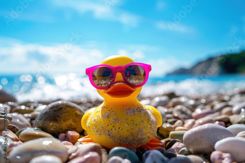 Rubber duck with pink sunglasses at the beach