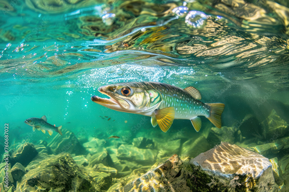 Naklejka premium under water Predatory fish pike in habitat. Sport fishing