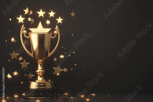 Champion golden trophy with gold stars on dark background