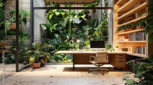 A personal workspace surrounded by interactive plant life that responds to stress levels, creating a calming environment