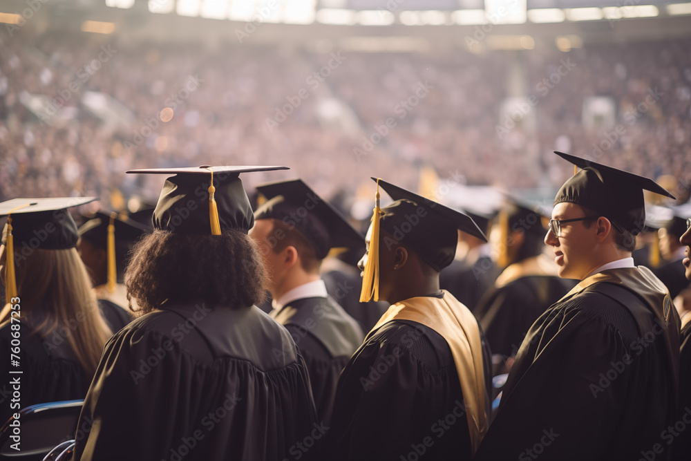 Rows of graduates in caps and gowns at their commencement ceremony, facing forward, poised to embark on new beginnings.
Rows of graduates in caps and gowns at their commencement ceremony, facing forward, poised to embark on new beginnings.