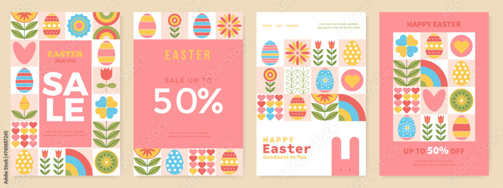 Easter sale. Big set template for vertical poster, flyers, discount coupon of Easter holiday. Modern design with typography, hand painted plants, eggs and bunny. Trendy geometric mosaic pattern Easter sale. Big set template for vertical poster, flyers, discount coupon of Easter holiday. Modern design with typography, hand painted plants, eggs and bunny. Trendy geometric mosaic pattern