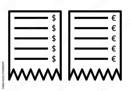 Icono negro de ticket de la compra en euros y dólares. 