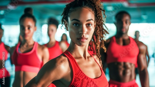 Group of Women in Red Sports Bra Tops. Generative AI