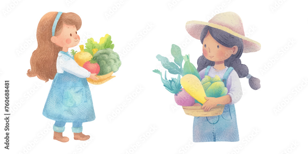  cute kid holding vegetable watercolour vector illustration 
