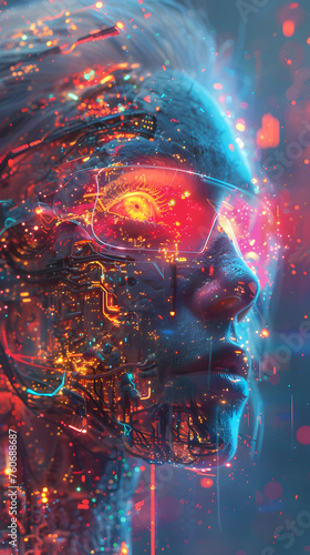 A highly detailed digital artwork of a cybernetic face with a complex technological interface and vibrant light effects.
