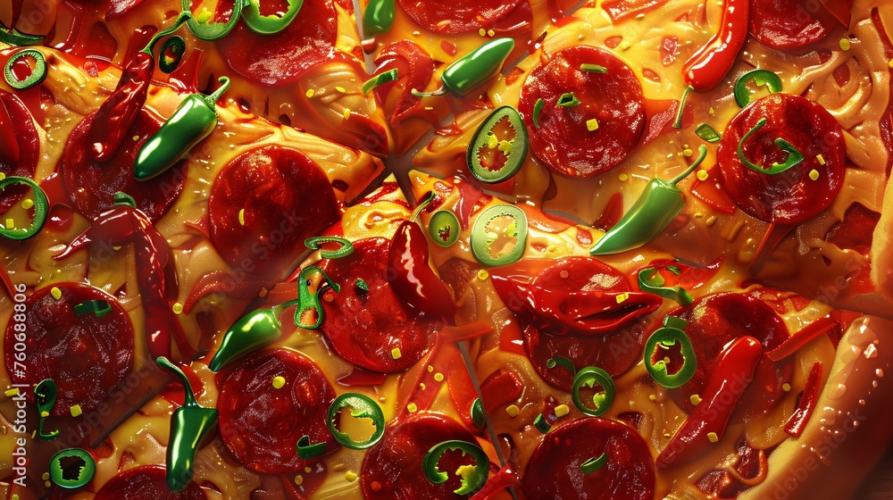 Chorizo and chili peppers adding a kick to a Mexican style pizza in a digital art - obrazy, fototapety, plakaty 