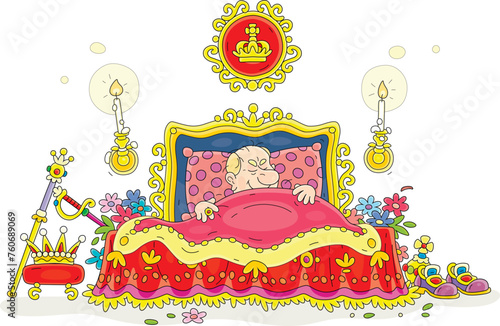 Angry king light-heartedly sleeping in his magnificent bed in a bedroom of a royal palace in a fairytale kingdom, vector cartoon illustration on a white background