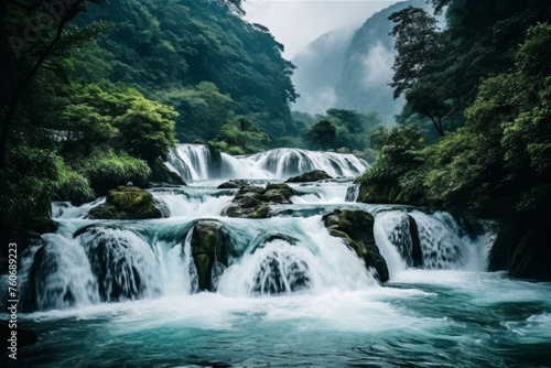 Waterfall in deep forest surrounded by jungle