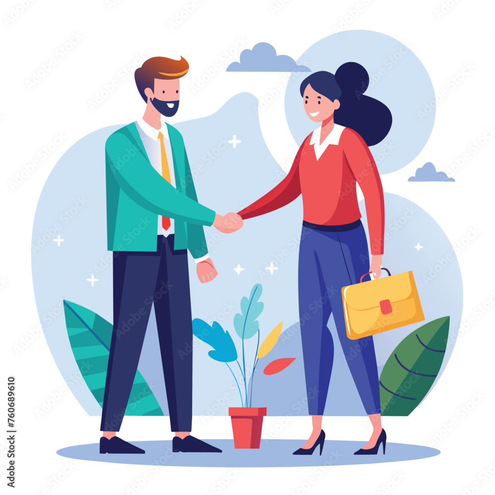 Businessman and businesswoman shaking hands. Vector illustration in a flat style Businessman and businesswoman shaking hands. Vector illustration in a flat style