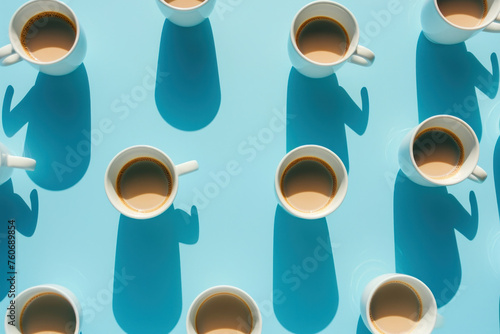 Circle of Coffee Cups Casting Shadows on Blue Surface in Minimalistic Composition with Natural Lighting