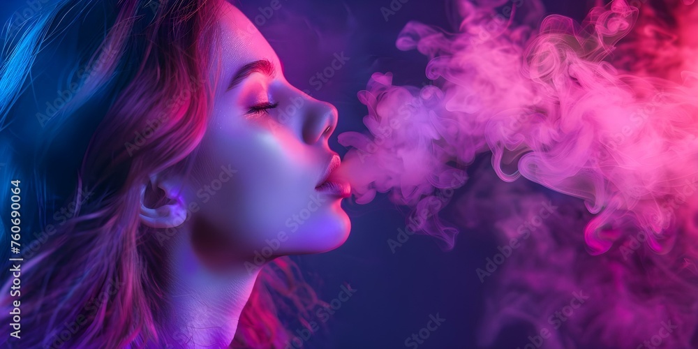A woman exhales vapor from an electronic hookah modern vaping concept. Concept Electronic hookahs, vaping trends, modern smoking culture, health effects of vaping