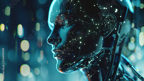 Artificial intelligence AI technology hi-tech humanoid head hologram