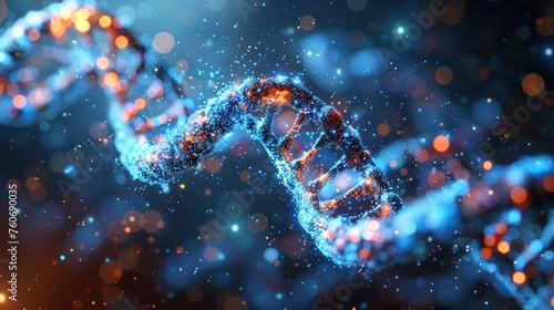 A digital illustration of a sparkling DNA helix structure highlighted against a dynamic, bokeh-style blue backdrop symbolizing biotechnology and genetic research.