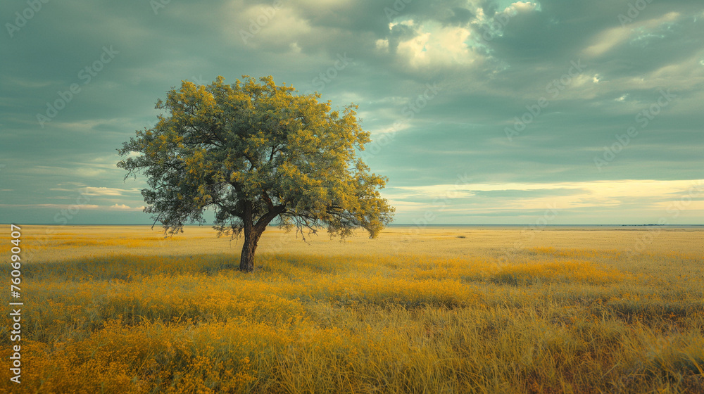 A solitary tree with flourishing branches stands as a testament to resilience amidst a vast field of golden grasses under a dramatic sky.