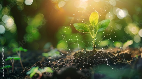 A Seed of Innovation: A delicate sprout pushes through the soil, bathed in warm sunlight, symbolizing the potential for growth and new beginnings, with a futuristic network of dots surrounding it photo