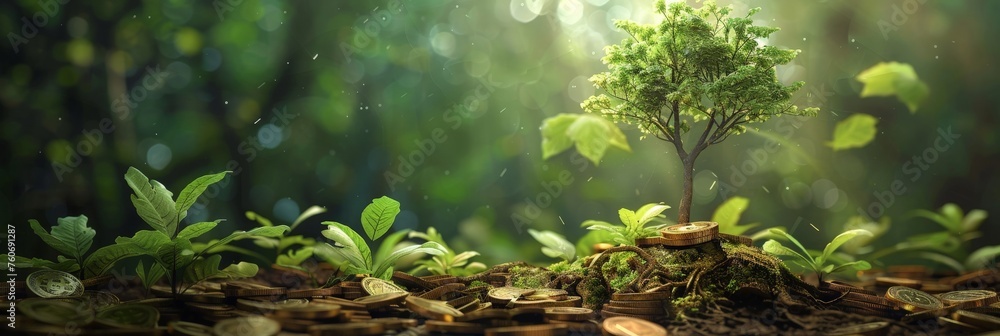 New Growth in a Lush Forest: A single sapling bursts forth from the gold cions of a verdant forest floor, symbolizing the promise of renewal and growth New Growth in a Lush Forest: A single sapling bursts forth from the gold cions of a verdant forest floor, symbolizing the promise of renewal and growth