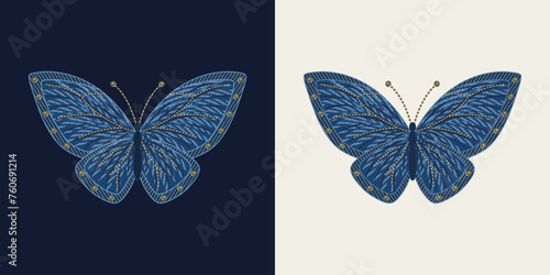 Blue butterfly in denim style, with jeans fabric textured wings, yellow thread stitches, jeans rivets. Detailed isolated illustration. Vintage style.