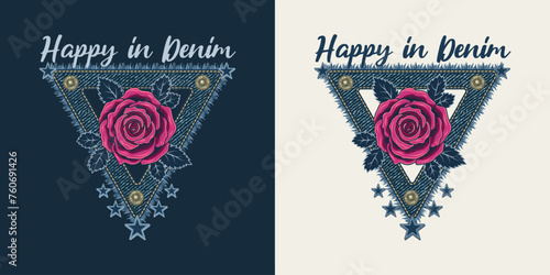 Triangle label with denim patch with fringe, pink rose, jeans buttons, stars, text. Design element in vintage style. For clothing, t shirt, surface design.
