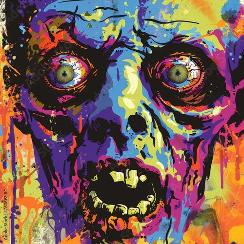 Psychedelic Horror: A vividly colored zombie portrait blends terror and psychedelic art, featuring a grotesque visage with piercing eyes against a vibrant splatter background.  photo