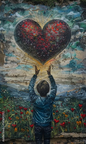 Love-themed graffiti adorns a garden wall, featuring a red heart-shaped balloon decorations