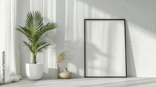 Frame mockup. Plants against a white wall. Curtain by the window. Interior design