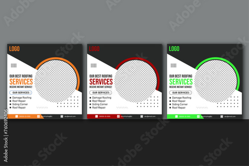 Roofing service social media post template and handyman home repair web banner design with building solution poster layout, Roofers