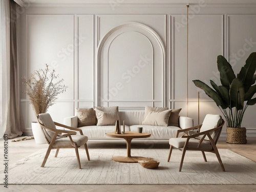 living room interior mockup, modern furniture and decorative arch with trendy dried flowers with white sofa and armchair on the White Background