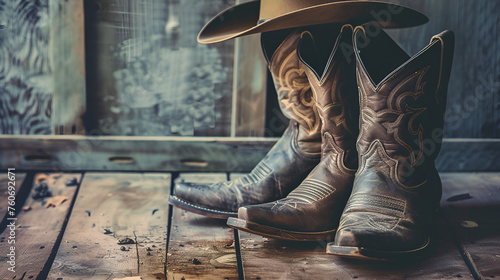 Wild West retro cowboy hat and pair of old leather boots on wooden floor.. generative ai 