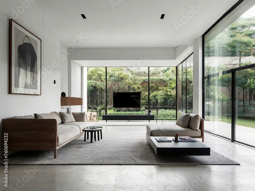 living room interior mockup, modern furniture and decorative arch with trendy dried flowers with white sofa and armchair on the White Background