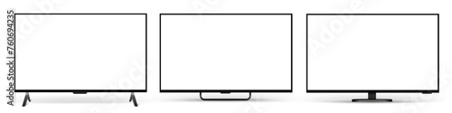 Realistic empty TV frame set, mockup of a large modern black TV, modern stylish monitor, collection blank television template