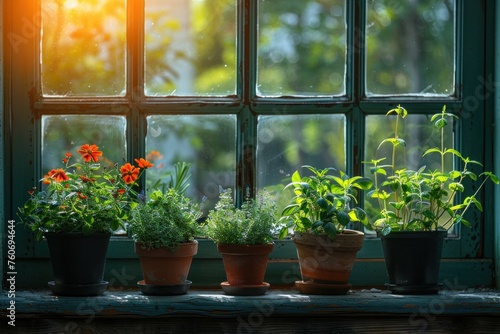 Five terracotta pots with herbs on a sunny windowsill.