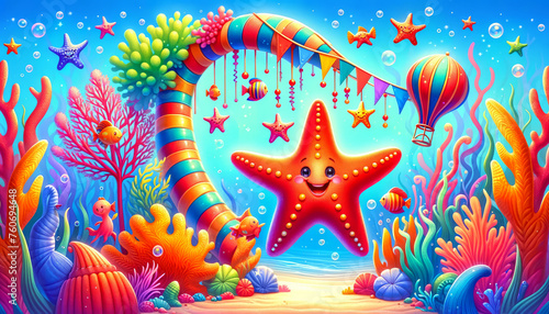 Cheerful starfish enjoying a festive underwater scene, bright coral archways, sea-animal performers. Colorful fish, whimsical seaweed streamers, lively carnival atmosphere. 