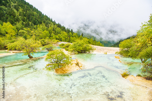 Huanglong colorful pond and spruce trees in Sichuan, China photo