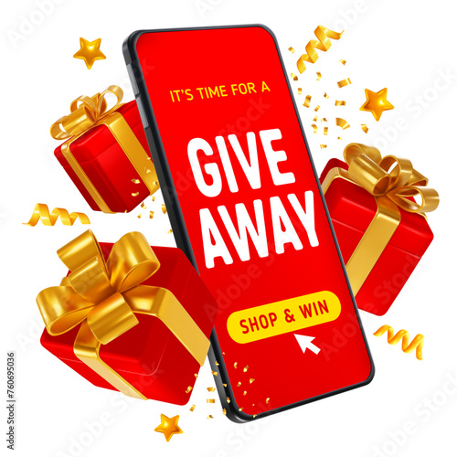 Giveaway event, sale or win, conceptual advertising design template with 3d realistic gift boxes and confetti around of the smartphone with text. Isolated on white background. Vector illustration