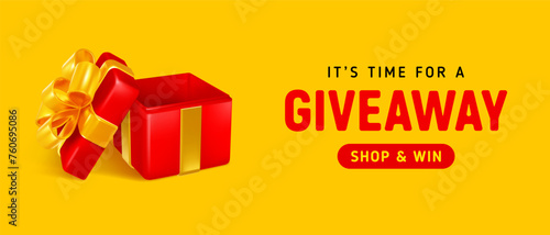 Giveaway, sale or win, conceptual advertising luxury banner template. 3d realistic open red gift box with golden bow on the yellow background. Vector illustration