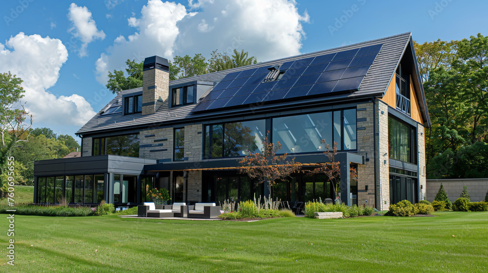 A sustainable single-story Montreal home adorned with solar panels on the roof