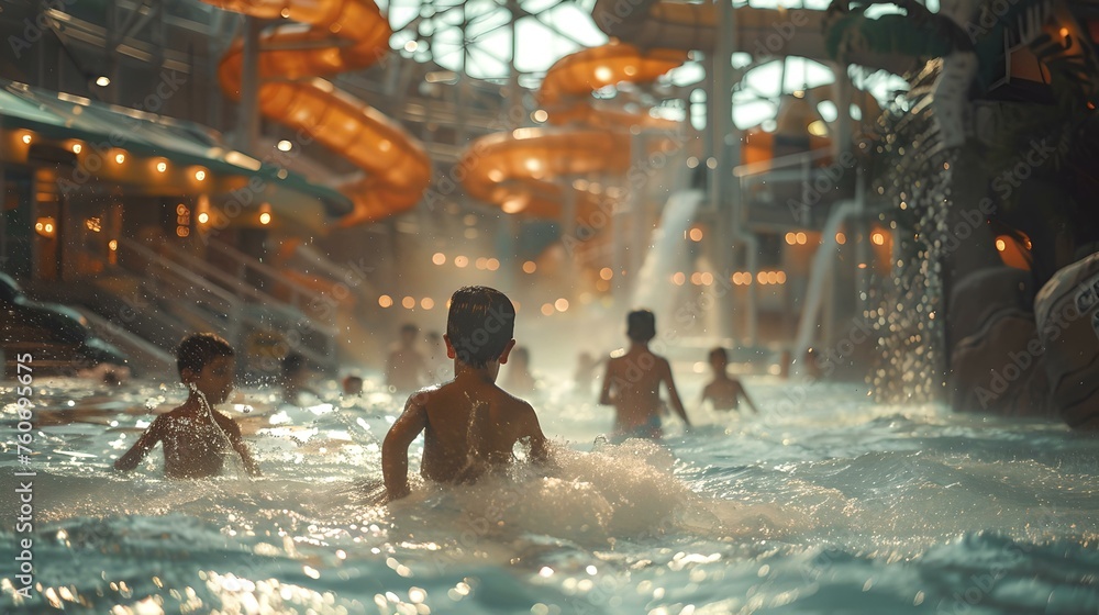 Carefree children swimming in an indoor water park. joyful atmosphere, leisure activity. holiday fun for kids. family vacation concept. casual photo style. AI