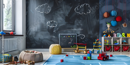 Empty classroom with school accessories template,Colorful children's playroom with a chalkboard wall and plenty of toy storage.