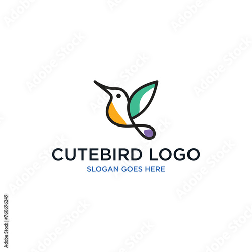 Vector line art of abstract colorful hummingbird, Colibri wall art design, minimal bird line logo icon illustration isolated on white background