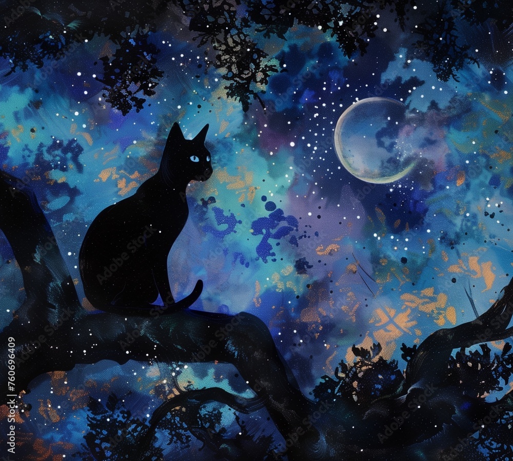 Beneath a canopy of stars, a Siamese cat prowls through the moonlit wilderness with an air of quiet confidence. Its sleek silhouette cuts a striking figure against the backdrop of the night sky - obrazy, fototapety, plakaty 