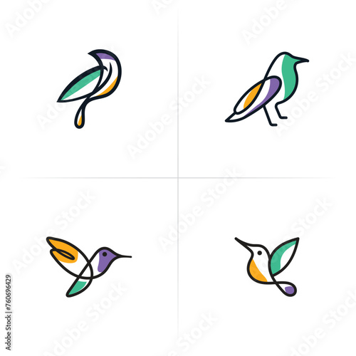 Vector line art of abstract colorful hummingbird  Colibri wall art design  minimal bird line logo icon illustration isolated on white background