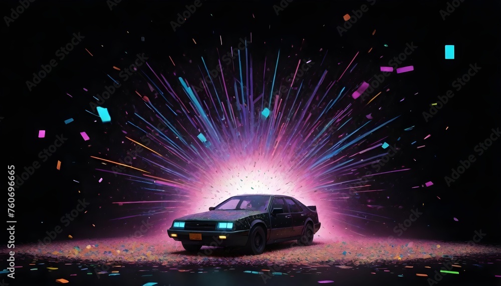 A black sports car with glowing headlights parked with a vibrant explosion of pink and blue neon lights