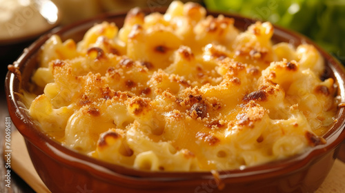 A bowl of creamy, indulgent macaroni and cheese, baked until golden brown and bubbling with cheesy goodness.
