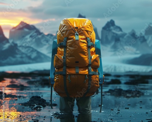 , backpack, globe-trotting adventures, diverse landscapes, exploration, 3D render, vibrant colors, backlighting