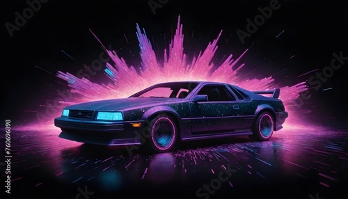 A black sports car with glowing headlights parked with a vibrant explosion of pink and blue neon lights