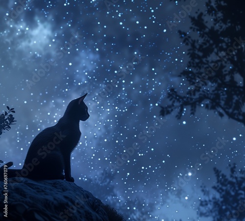 Beneath a canopy of stars  a Siamese cat prowls through the moonlit wilderness with an air of quiet confidence. Its sleek silhouette cuts a striking figure against the backdrop of the night sky