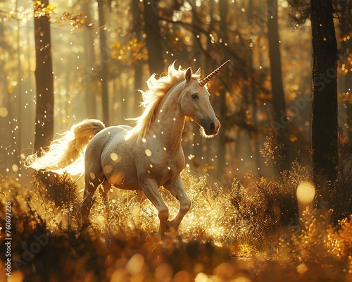 Golden Unicorn, ethically-sourced, majestic mythical creature, galloping through a lush enchanted forest, sunlight filtering through the trees, realistic, golden hour, depth of field bokeh effect